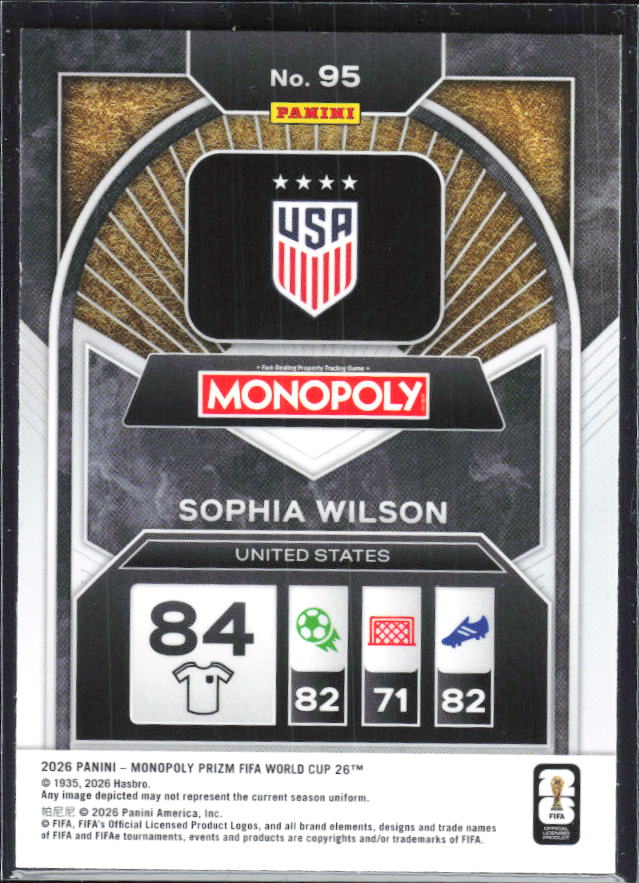 Sophia Wilson 2026 Monopoly Prizm FIFA World Cup #95 – baksida