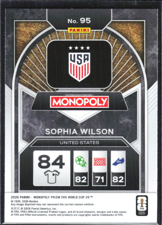 Sophia Wilson 2026 Monopoly Prizm FIFA World Cup #95 – baksida