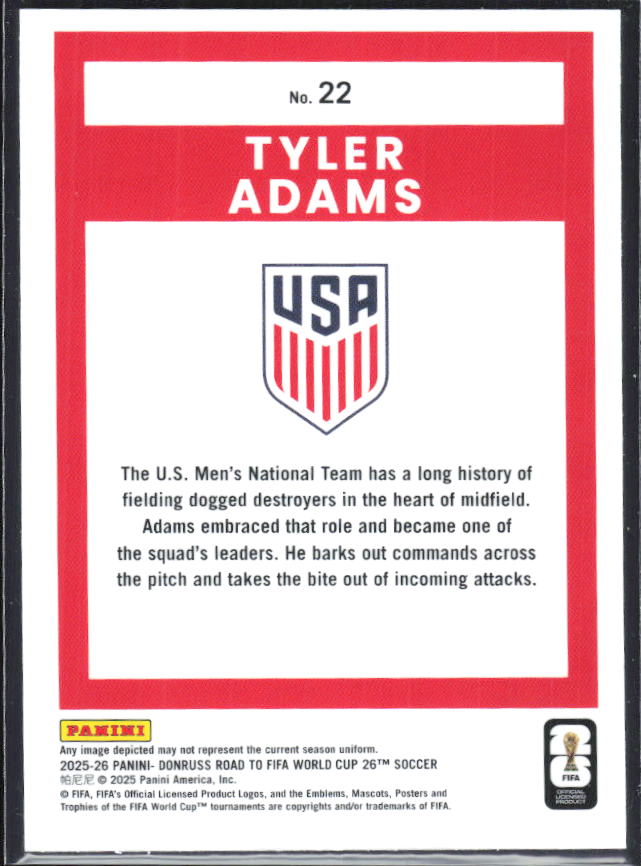 Tyler Adams 2025-26 Donruss Road to FIFA World Cup Optic #22 – baksida
