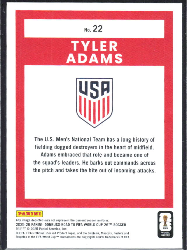 Tyler Adams 2025-26 Donruss Road to FIFA World Cup #22 – baksida