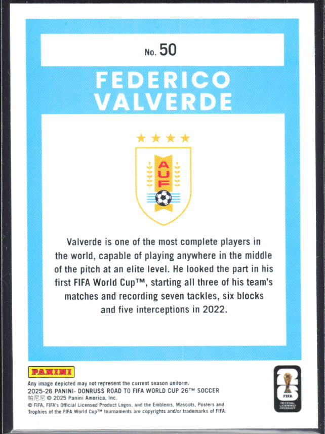 Federico Valverde 2025-26 Donruss Road to FIFA World Cup #50 – baksida