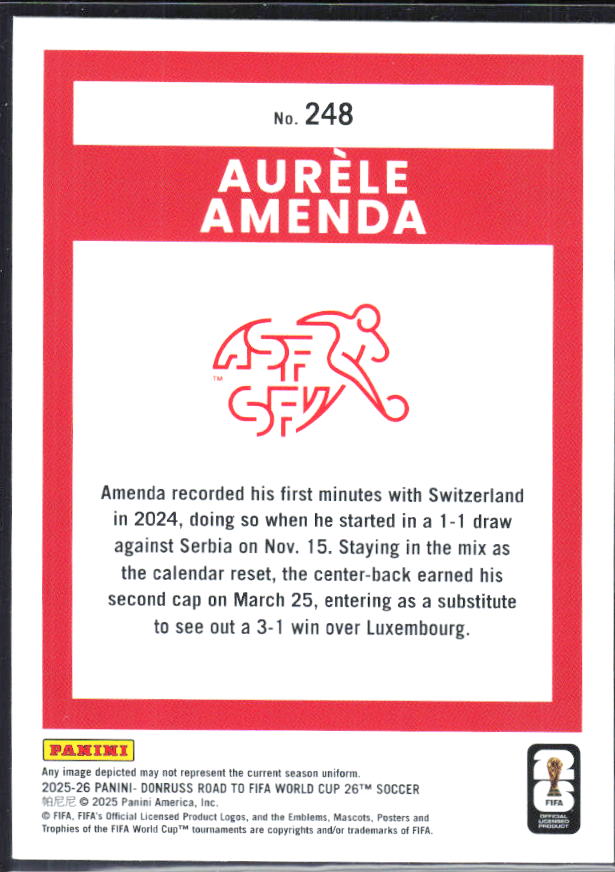 Aurèle Amenda 2025-26 Donruss Road to FIFA World Cup Rated Rookie #248 – baksida