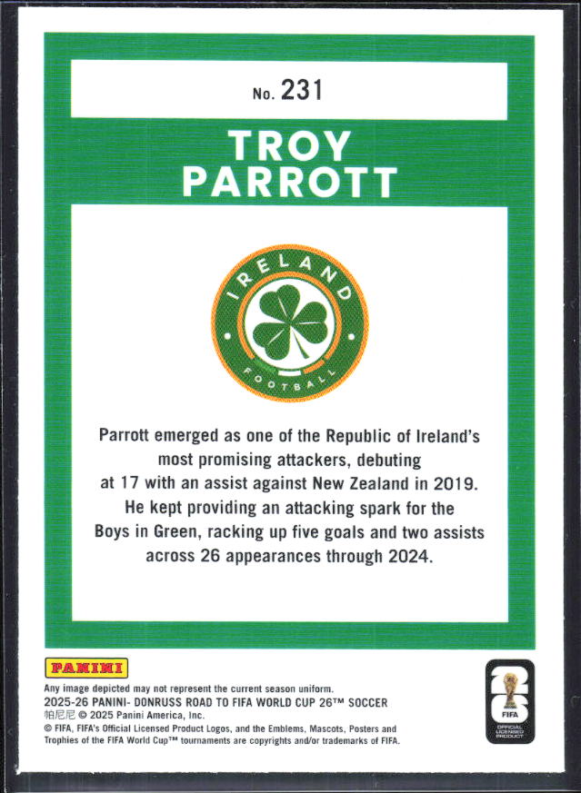 Troy Parrott 2025-26 Donruss Road to FIFA World Cup Optic Rated Rookie #231 – baksida