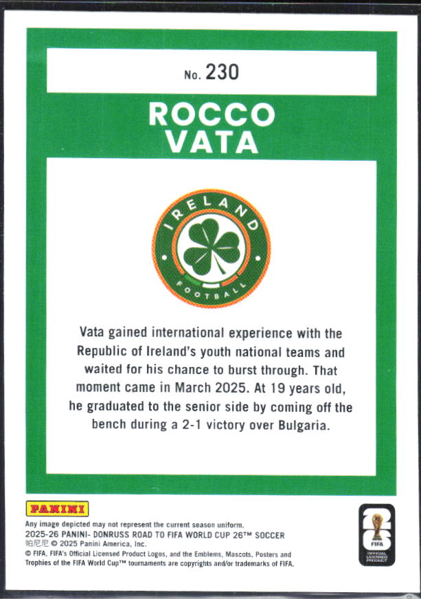 Rocco Vata 2025-26 Donruss Road to FIFA World Cup Rated Rookie #230 – baksida
