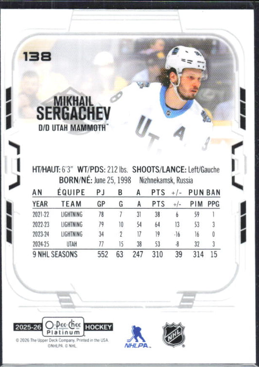 Mikhail Sergachev 2025-26 O-Pee-Chee Platinum #138 – baksida