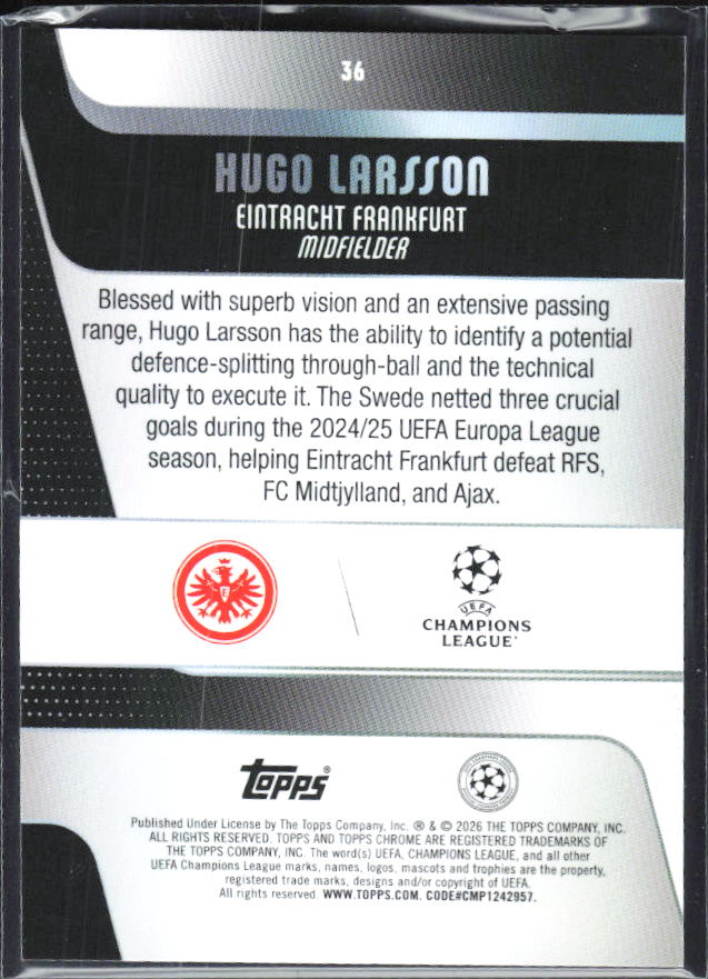 Hugo Larsson 2025-26 Chrome UEFA #36 – baksida