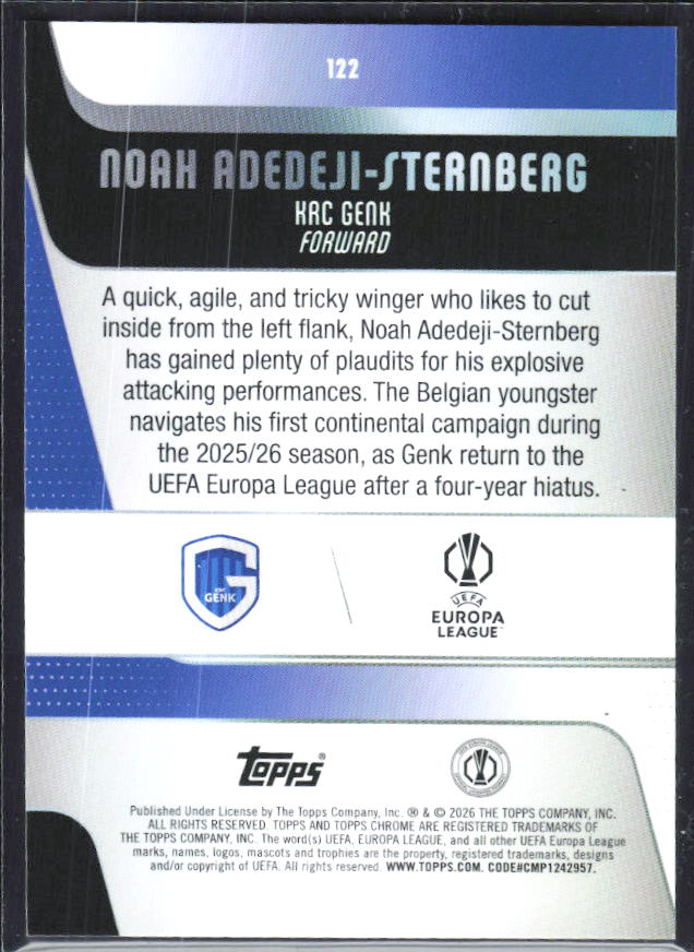 Noah Adedeji-Sternberg 2025-26 Chrome UEFA #122 – baksida