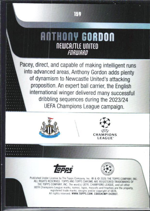 Anthony Gordon 2025-26 Chrome UEFA #159 – baksida
