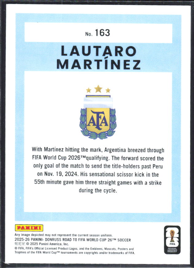 Lautaro Martínez 2025-26 Donruss Road to FIFA World Cup #163 – baksida