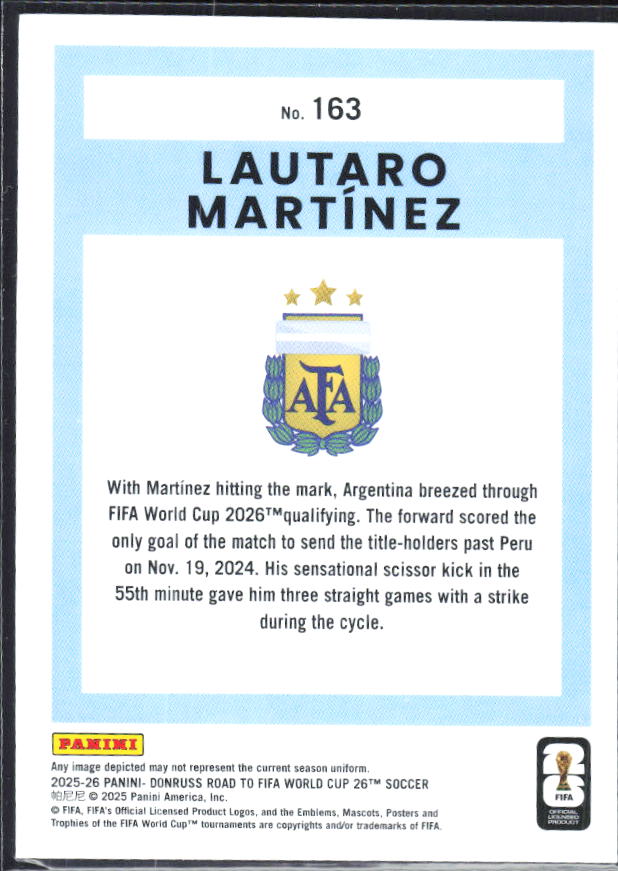 Lautaro Martínez 2025-26 Donruss Road to FIFA World Cup #163 – baksida