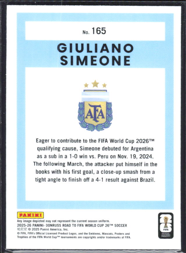 Giuliano Simeone 2025-26 Donruss Road to FIFA World Cup Optic #165 – baksida