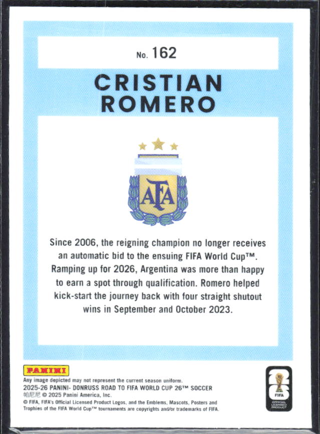 Cristian Romero 2025-26 Donruss Road to FIFA World Cup Optic #162 – baksida