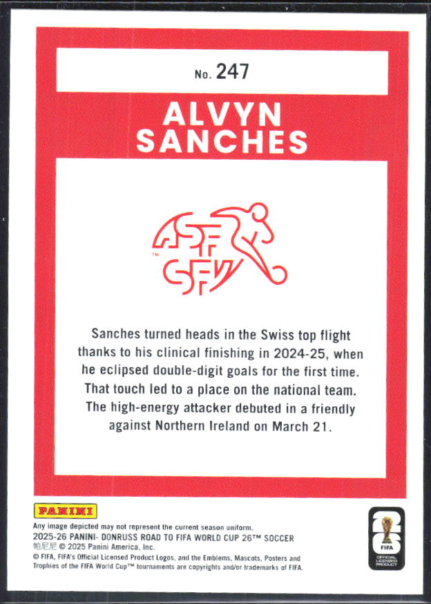 Alvyn Sanches 2025-26 Donruss Road to FIFA World Cup Rated Rookie #247 – baksida