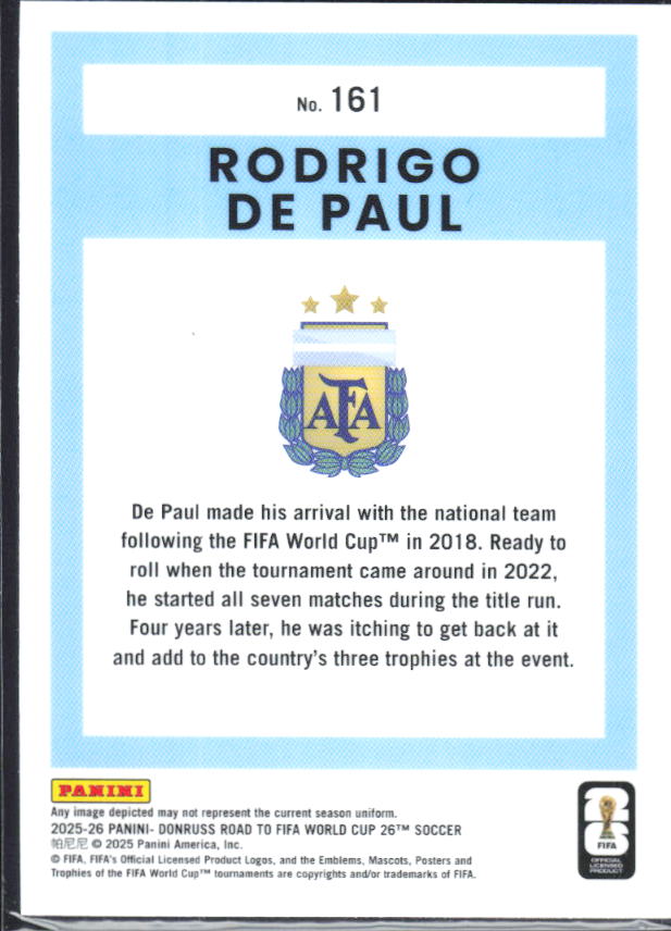 Rodrigo De Paul 2025-26 Donruss Road to FIFA World Cup Optic #161 – baksida