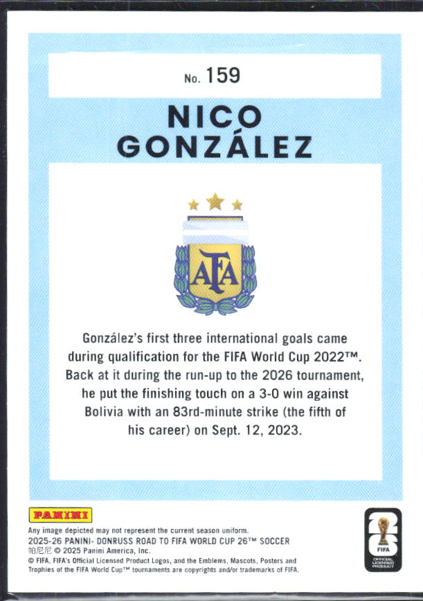 Nico González 2025-26 Donruss Road to FIFA World Cup #159 – baksida