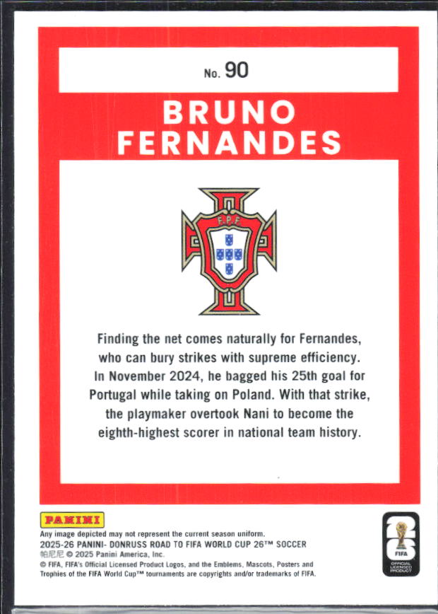 Bruno Fernandes 2025-26 Donruss Road to FIFA World Cup Optic #90 – baksida