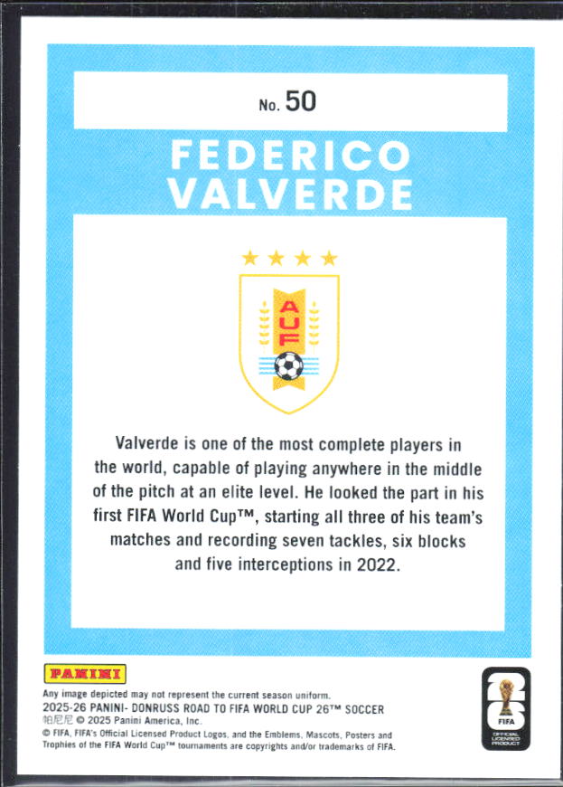 Federico Valverde 2025-26 Donruss Road to FIFA World Cup #50 – baksida