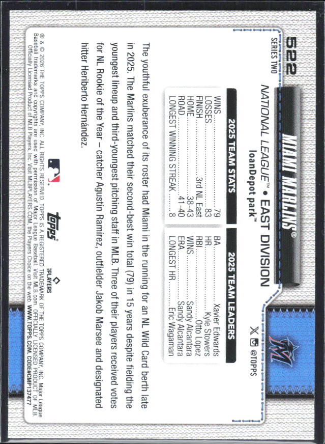 Miami Marlins 2026 Series 2 #522 – baksida