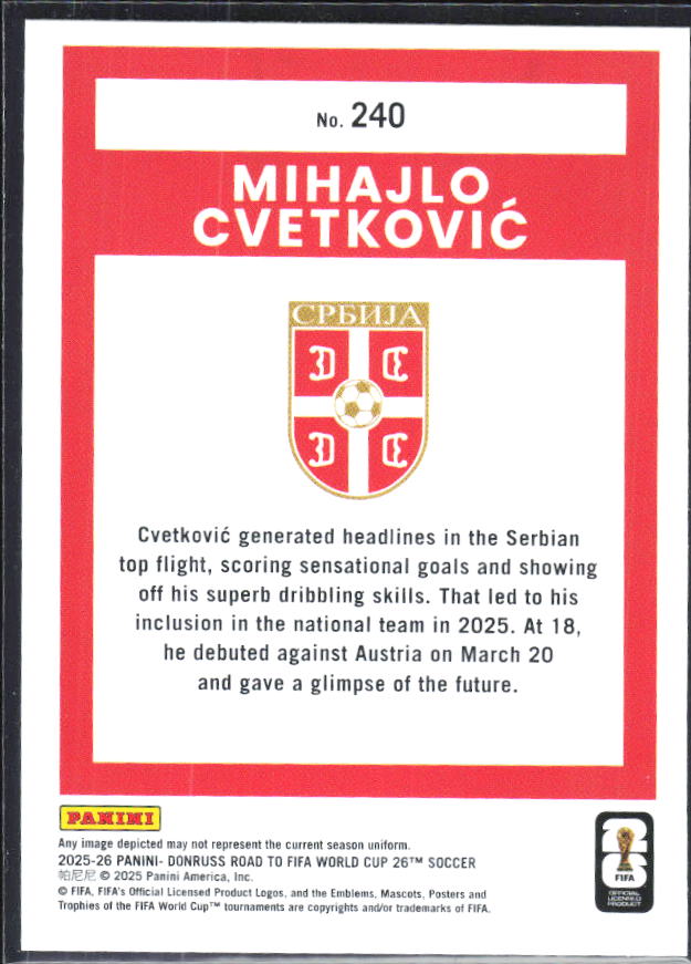 Mihajlo Cvetković 2025-26 Donruss Road to FIFA World Cup Rated Rookie #240 – baksida