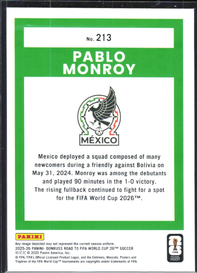 Pablo Monroy 2025-26 Donruss Road to FIFA World Cup Rated Rookie #213 – baksida