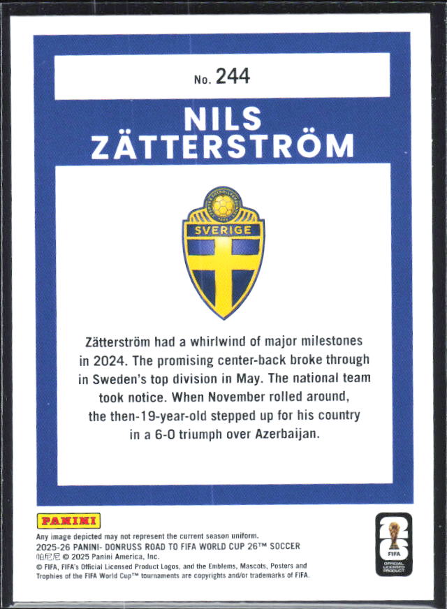 Nils Zätterström 2025-26 Donruss Road to FIFA World Cup Rated Rookie #244 – baksida
