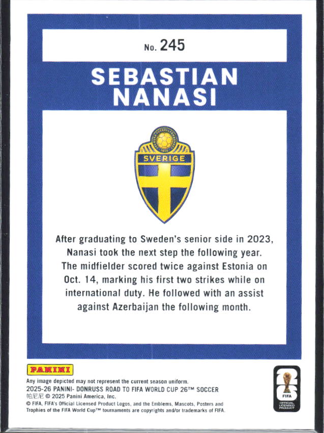 Sebastian Nanasi 2025-26 Donruss Road to FIFA World Cup Rated Rookie #245 – baksida