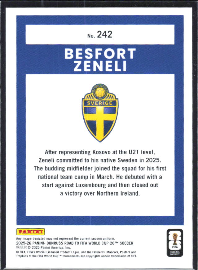 Besfort Zeneli 2025-26 Donruss Road to FIFA World Cup Rated Rookie #242 – baksida