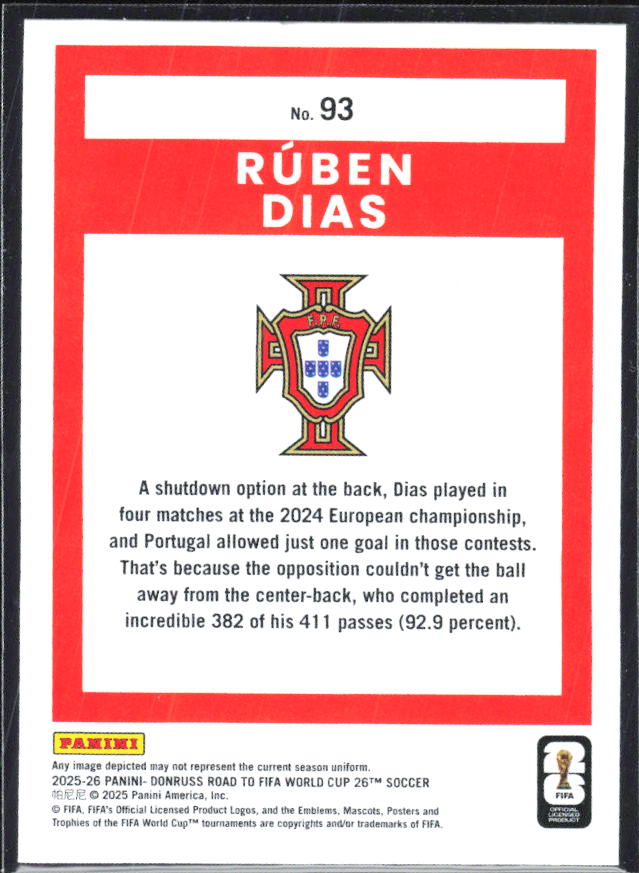 Rúben Dias 2025-26 Donruss Road to FIFA World Cup #93 – baksida