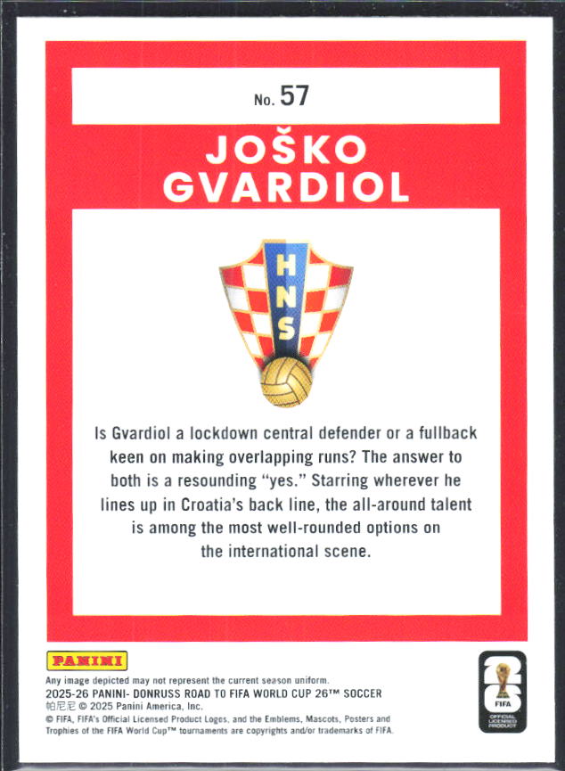 Joško Gvardiol 2025-26 Donruss Road to FIFA World Cup #57 – baksida