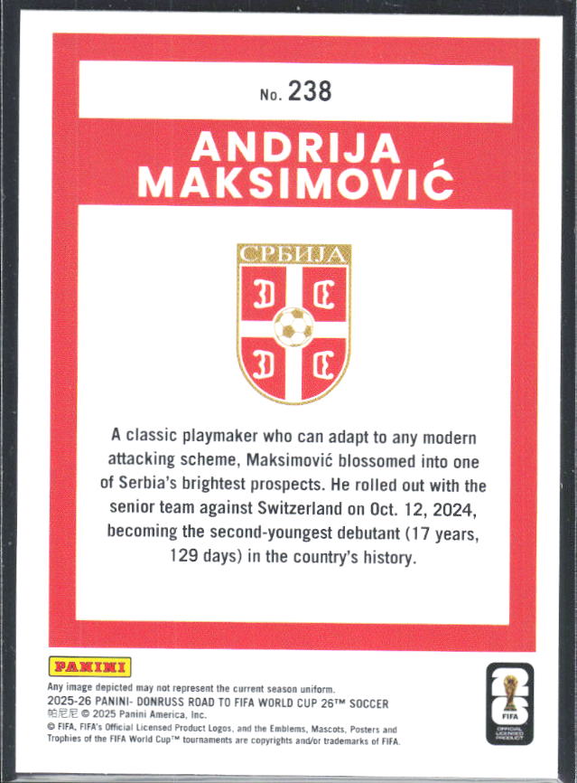 Andrija Maksimović 2025-26 Donruss Road to FIFA World Cup Rated Rookie #238 – baksida