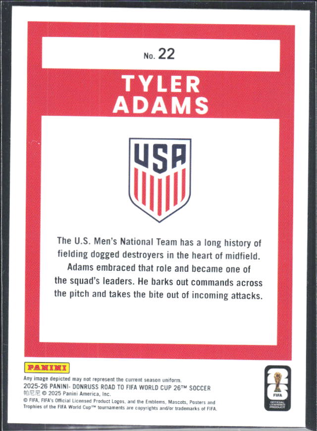Tyler Adams 2025-26 Donruss Road to FIFA World Cup #22 – baksida