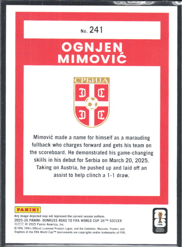 Ognjen Mimović 2025-26 Donruss Road to FIFA World Cup Rated Rookie #241 – baksida
