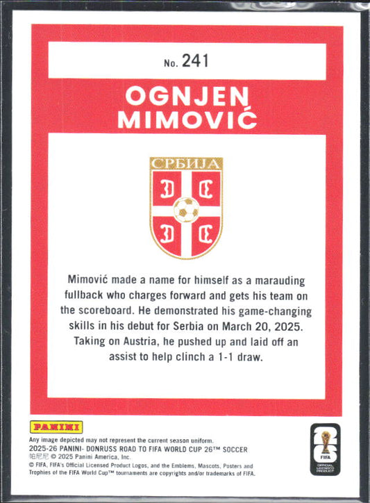 Ognjen Mimović 2025-26 Donruss Road to FIFA World Cup Rated Rookie #241 – baksida