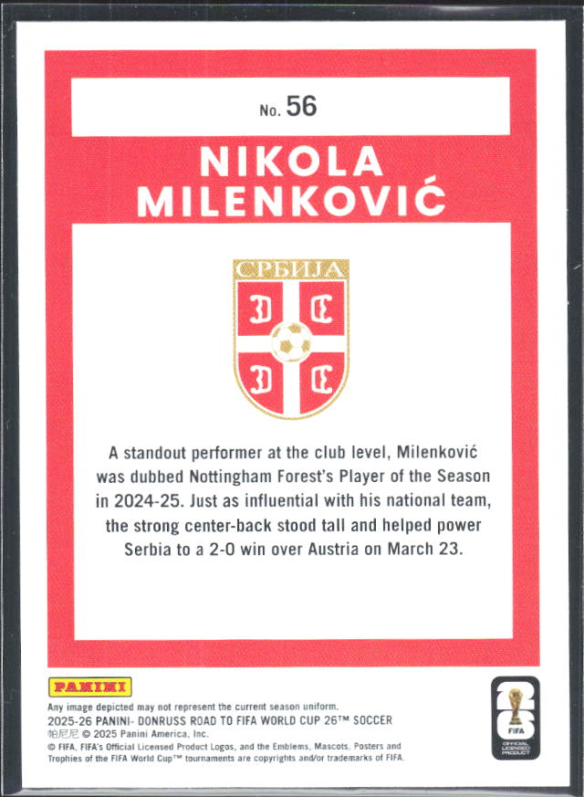 Nikola Milenković 2025-26 Donruss Road to FIFA World Cup #56 – baksida