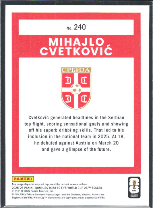 Mihajlo Cvetković 2025-26 Donruss Road to FIFA World Cup Rated Rookie #240 – baksida