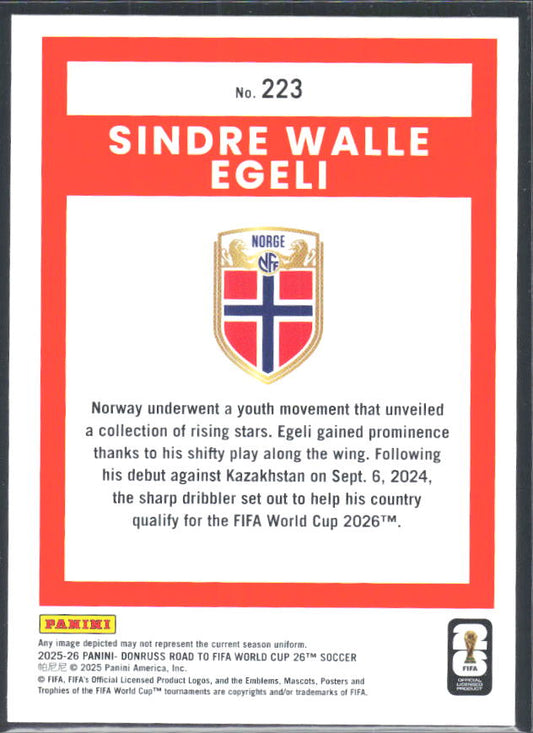 Sindre Walle Egeli 2025-26 Donruss Road to FIFA World Cup Rated Rookie #223 – baksida