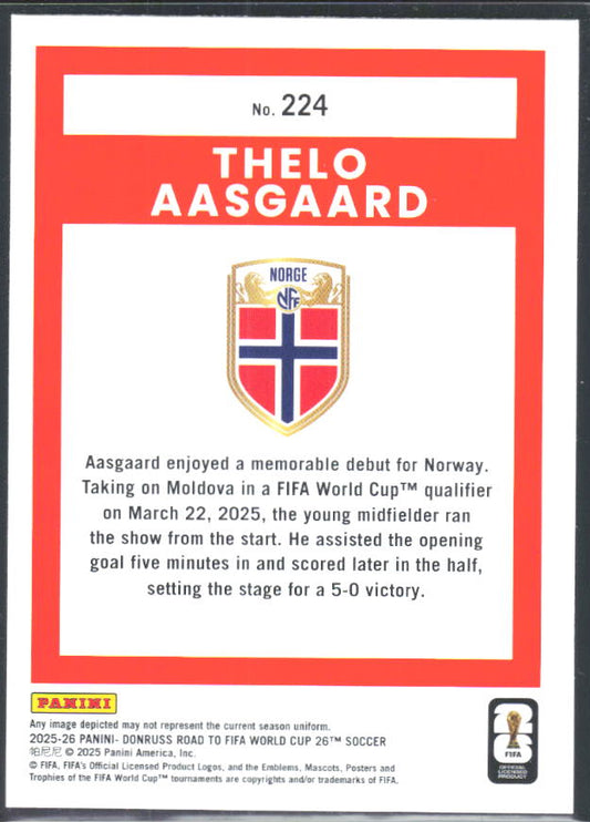Thelo Aasgaard 2025-26 Donruss Road to FIFA World Cup Rated Rookie #224 – baksida