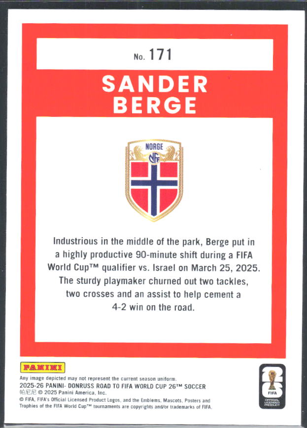 Sander Berge 2025-26 Donruss Road to FIFA World Cup #171 – baksida