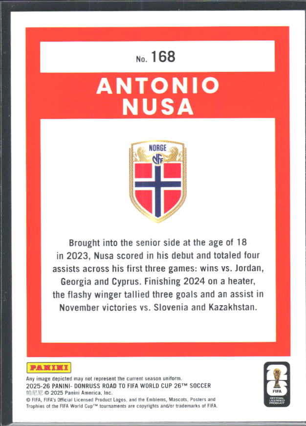 Antonio Nusa 2025-26 Donruss Road to FIFA World Cup #168 – baksida