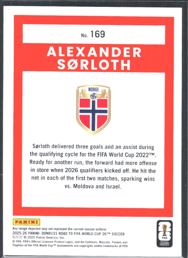 Alexander Sørloth 2025-26 Donruss Road to FIFA World Cup #169 – baksida