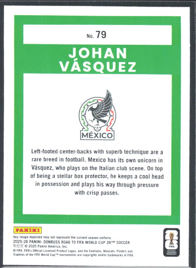 Johan Vásquez 2025-26 Donruss Road to FIFA World Cup #79 – baksida