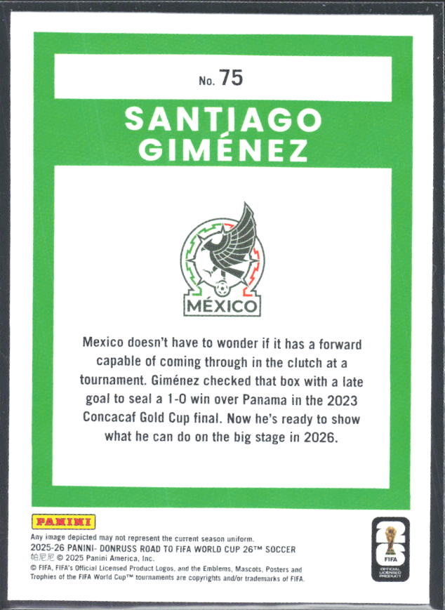 Santiago Giménez 2025-26 Donruss Road to FIFA World Cup #75 – baksida