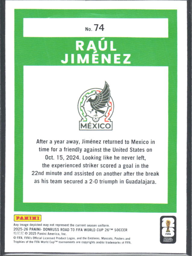 Raúl Jiménez 2025-26 Donruss Road to FIFA World Cup #74 – baksida