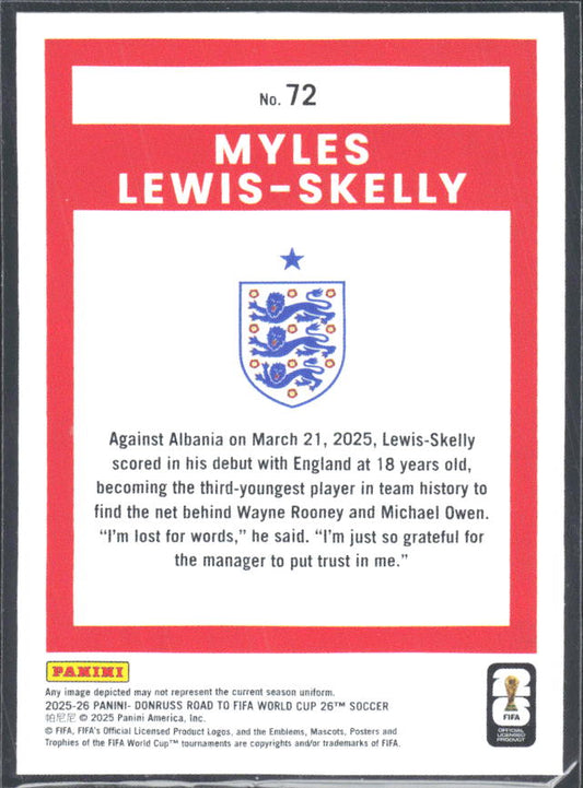 Myles Lewis-Skelly 2025-26 Donruss Road to FIFA World Cup #72 – baksida