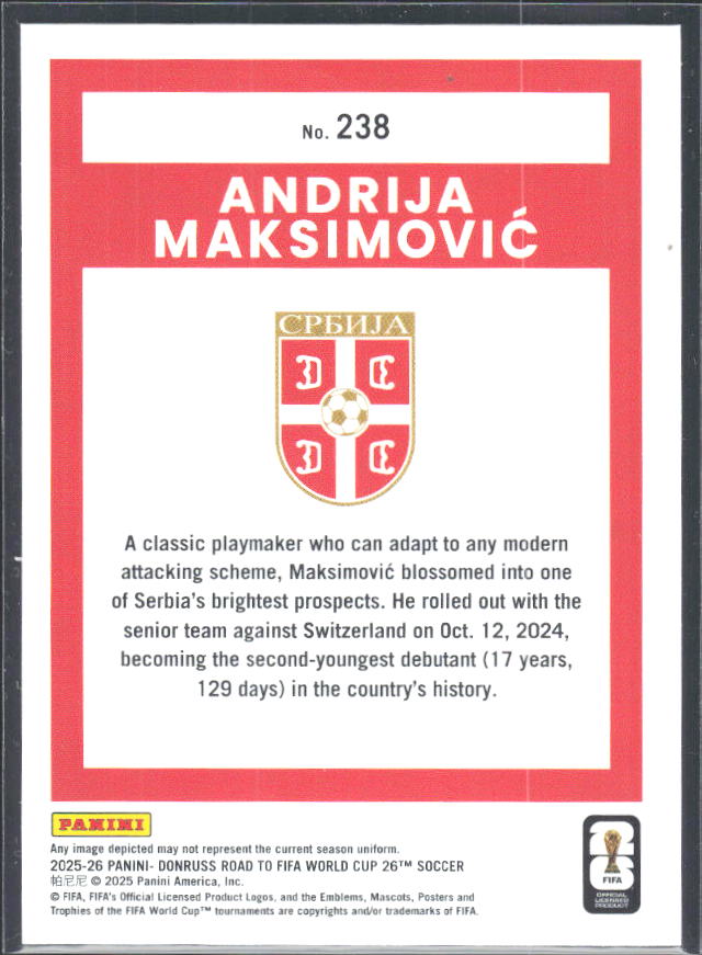 Andrija Maksimović 2025-26 Donruss Road to FIFA World Cup Rated Rookie #238 – baksida
