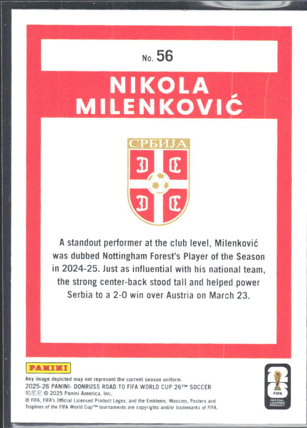 Nikola Milenković 2025-26 Donruss Road to FIFA World Cup #56 – baksida