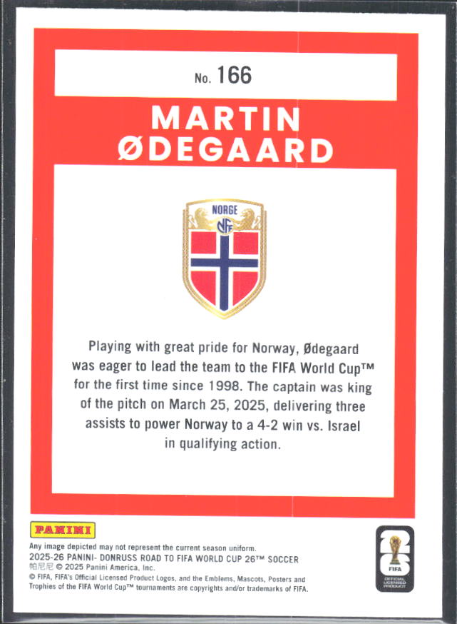 Martin Ødegaard 2025-26 Donruss Road to FIFA World Cup #166 – baksida