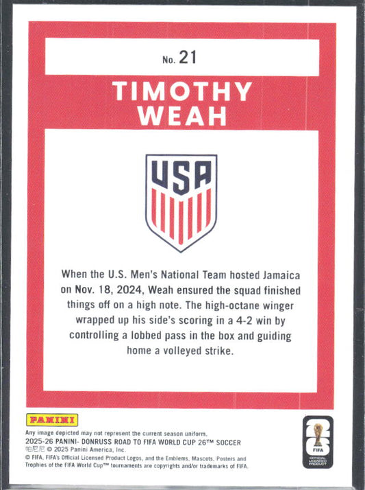 Timothy Weah 2025-26 Donruss Road to FIFA World Cup #21 – baksida