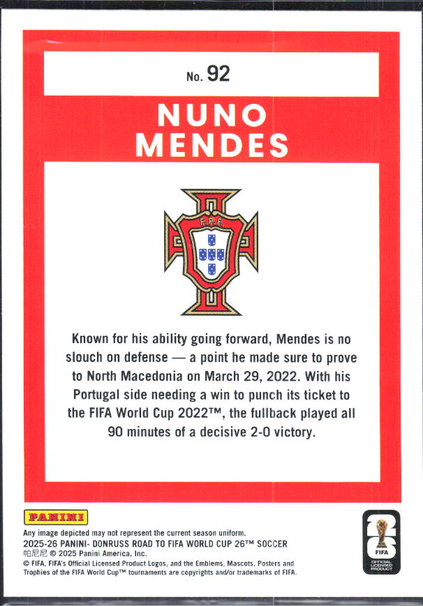 Nuno Mendes 2025-26 Donruss Road to FIFA World Cup #92 – baksida