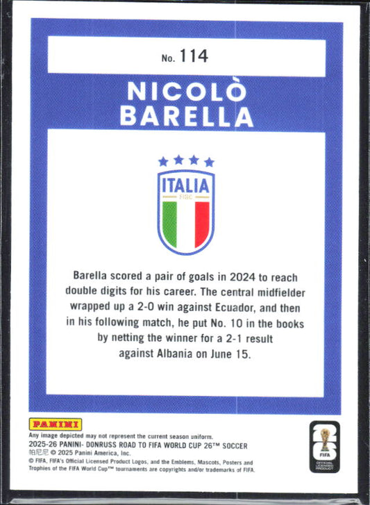 Nicolò Barella 2025-26 Donruss Road to FIFA World Cup Optic #114 – baksida